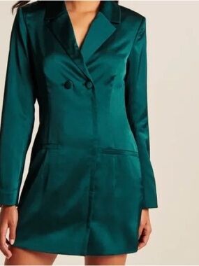 Abercrombie & Fitch Emerald Satin Double-Breasted Blazer Mini Dress